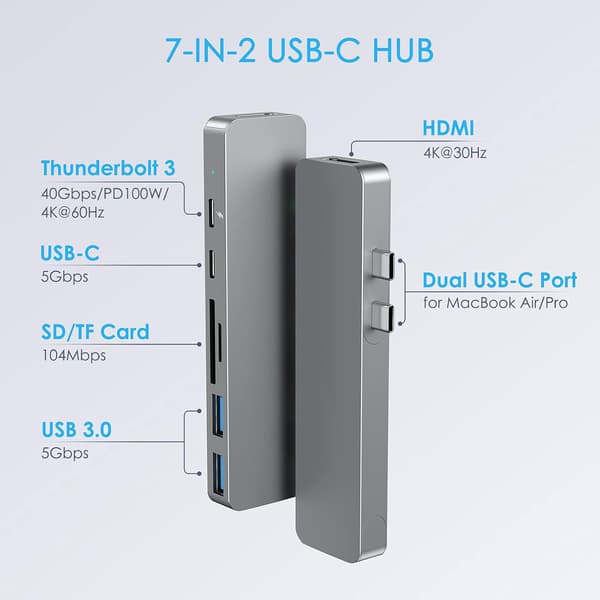 USB-C MacBook Pro/Air 13 \" 15 \" 16 \", 7-in-1 USB-C–HDMI 4K -sovitin
