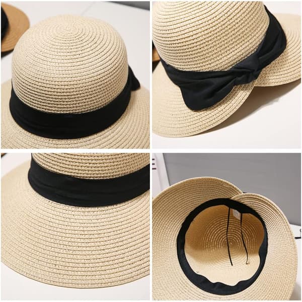 Sommerstrandhat, foldbar/pakbar stråhat med bred skygge og sløjfe til kvinder og piger, beige, medium Beige Medium Beige Medium