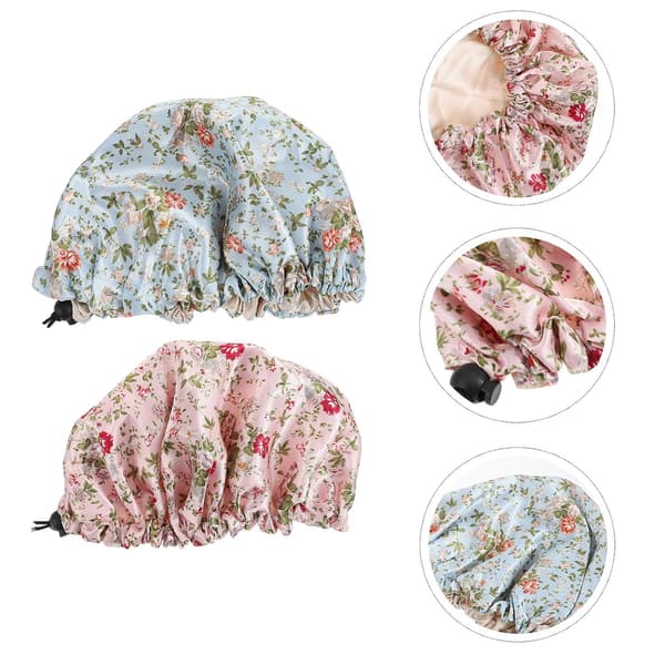 2 st sovhattar av ventilerande polyester med elastisk design och justerbar resår, delikat blommönster för skydd vid sömn och dusch -