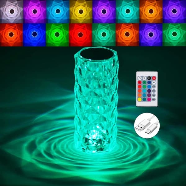 Crystal Lamp 16 Colors Touch Control Sparkle Rose Remote Control Table Lamp Romantic Atmosphere Prism Diamond Rechargeable LED