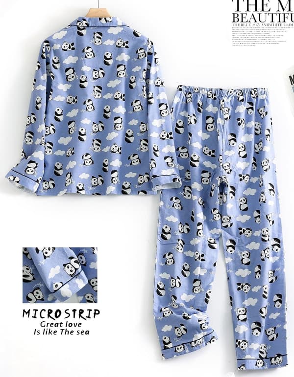 Damflanellpyjamas set borstad bomull knappar toppar byxor S-XL sovkläder mysiga varma vinter blå panda stor Blue Panda Large