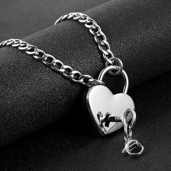 Hjerteformet hængelås i rustfrit stål halskæde til mænd og kvinder med lås og nøgle, pararmbånd [DB]