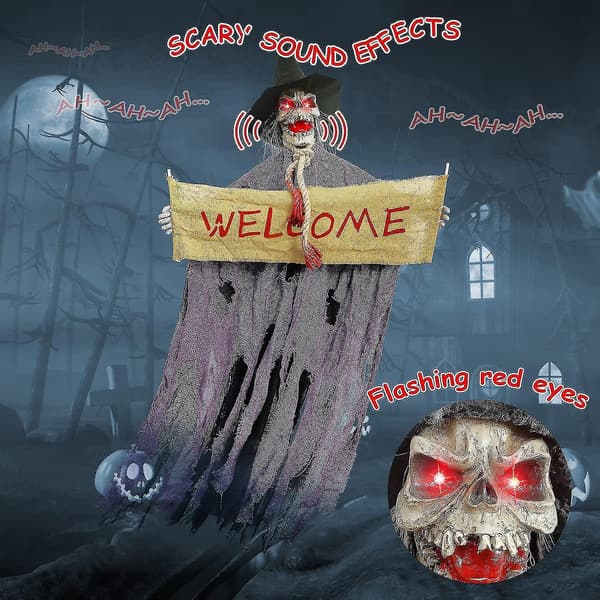 Hanging Witch Ghost With Light-Up Eyes And Spooky Sound Effect, Hanging Skeleton Ghost For Halloween Decorations