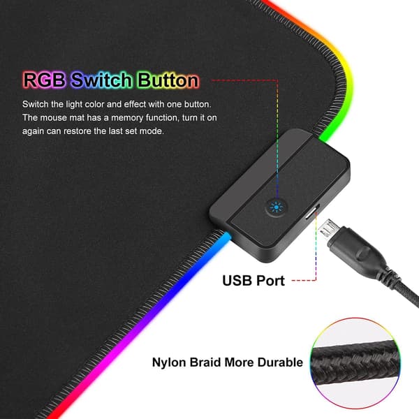 RGB Gaming Musemåtte (800 x 300 mm), 14 LED-lyseffekter, Vandafvisende