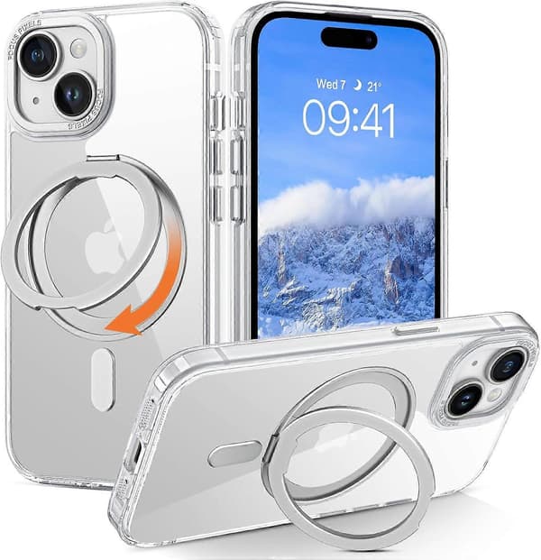 iPhone 15 Case for MagSafe with Stand Clear Wireless Lightweight Thin TPU Bumper PC Case Cover Mobile Phone Case for 6.1 Inch Transparent