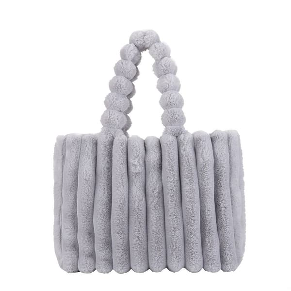 Bløde Plys Håndtasker Faux Pels Ensfarvede Shopper Tasker BEIGE