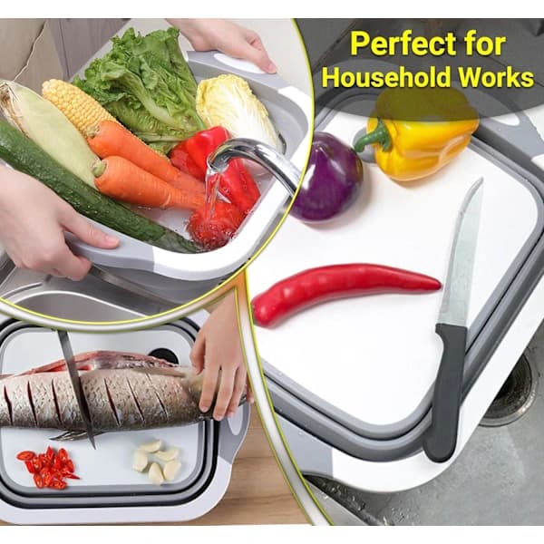 3-in-1 Foldable Cutting Board - Kitchen Tub with Sink & Drain - Space-Saving, Portable for Kitchen, Camping (1 pc, Gray)