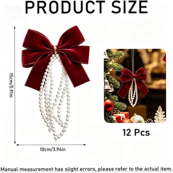 sløjfedekorationer til juletræ 12-delt sæt fløjlsburgunderpynt -
