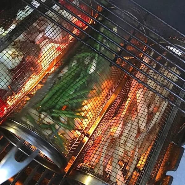 Rullende grillkurv i rustfrit stål, netcylinder til grillede grøntsager og kød udendørs grillning 7,78 tommer