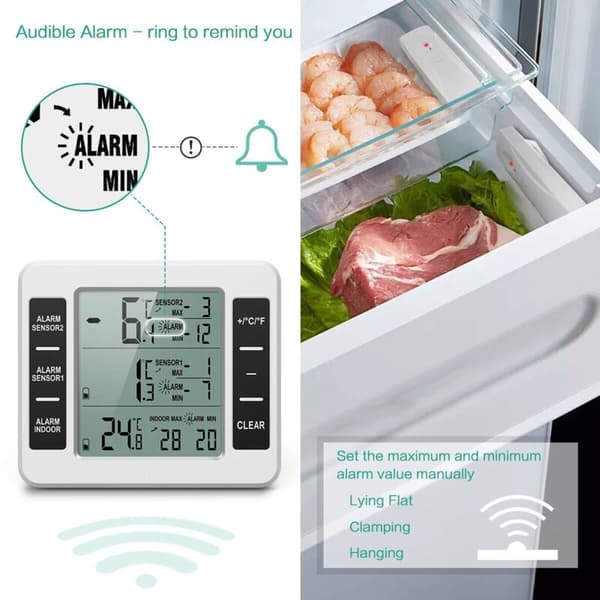 Kylskåps- och frytermometer, trådlös kylskåpstermometer med 2 sensorer, för hemkök restaurangtermometer