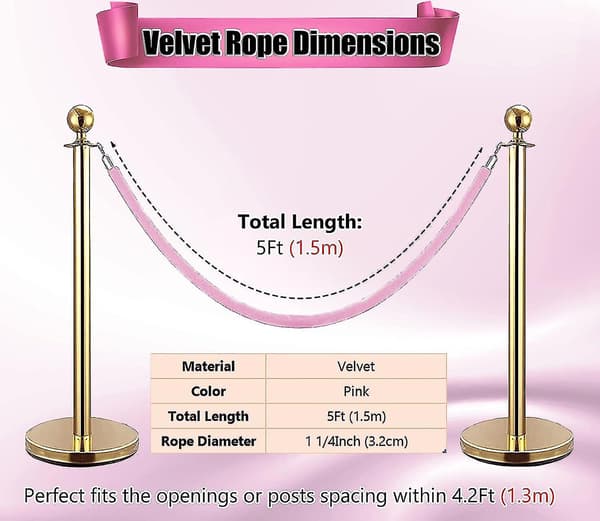 5 ft Velvet Rope Pink, 4-pack Crowd Control Rope Safety Queue Barrier with Silver Hook, VIP Rope Compatible Party Events Decor-G