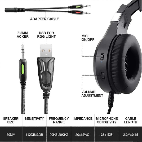 Gaming Headset med Stereo Surroundlyd Mikrofon LED-lys Støjreducerende Over-Ear Hovedtelefoner til