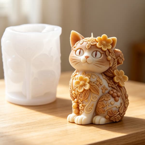 Detaljeret 3D-kat silikoneform ideel til dekorative stearinlys til hjemmet