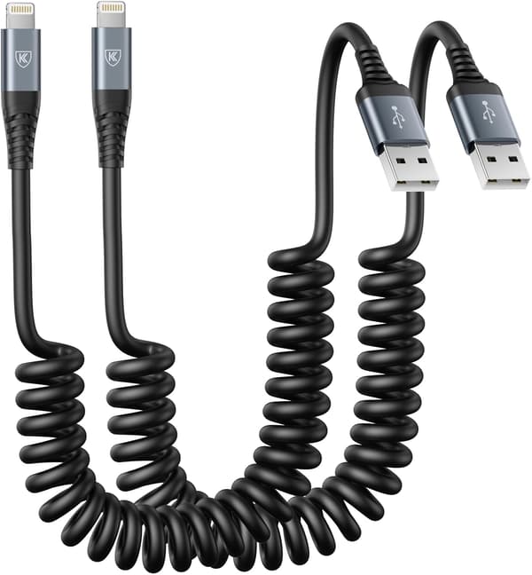 2025 Seneste Model Spiralkabel Lightning, iPhone Opladningskabel 0,9m til Bil, 2-pak [Apple MFi-Certificeret] 0,9m Lightning Ledning Kompatibel