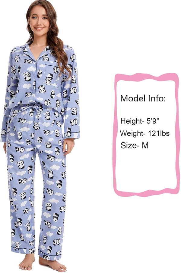 Damflanellpyjamas set borstad bomull knappar toppar byxor S-XL sovkläder mysiga varma vinter blå panda stor Blue Panda Large