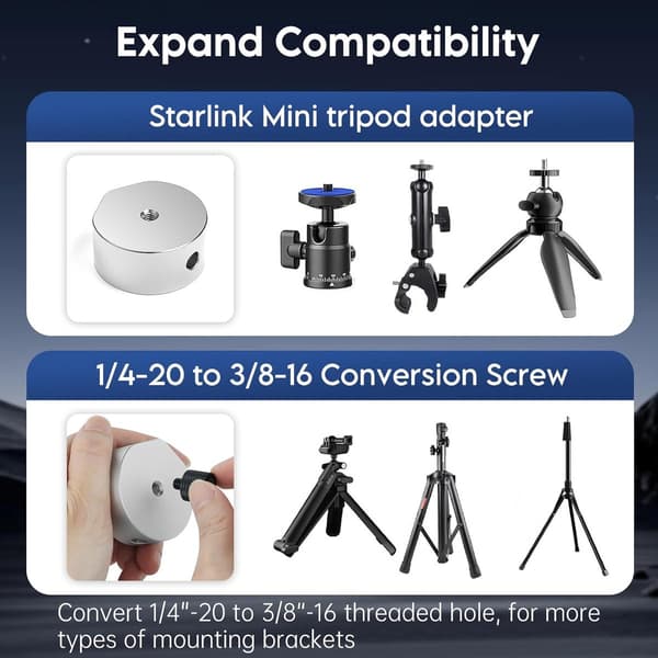 Starlink Mini stativadapter i aluminium – 1/4\"-20 & 3/8\"-16 gjenger, for rørfester