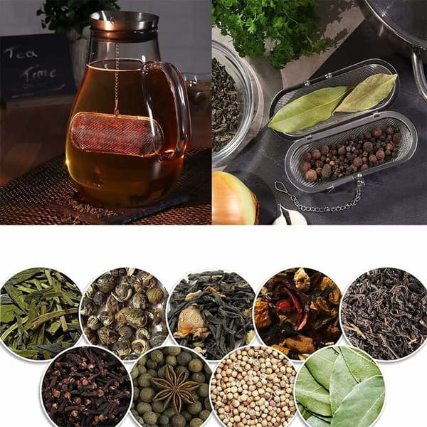 2 stk. løse tefiltre, te-infuser i rustfrit stål, tefilter i rustfrit stål med fine huller, te-infuser med kæde, til løse teer og malede krydderier