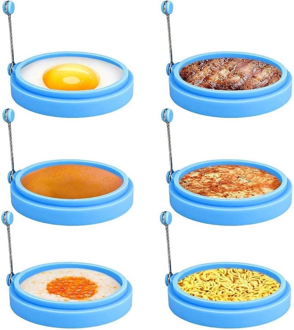 6 stk Silikon Eggeringer, 10 cm Eggering for Steking av Egg, Egg Mcmuffin Ring, Non-Stick Stekt Eggering Form, Pannekakering (6 stk) (Lyseblå)