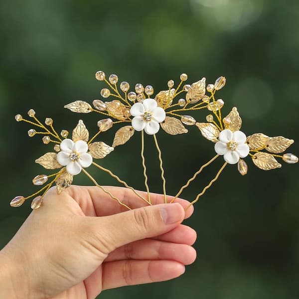 Sett med 3 bryllupstilbehør til hår - Bryllupshårblomst Gull Hårnåler for bruder for kvinner og jenter