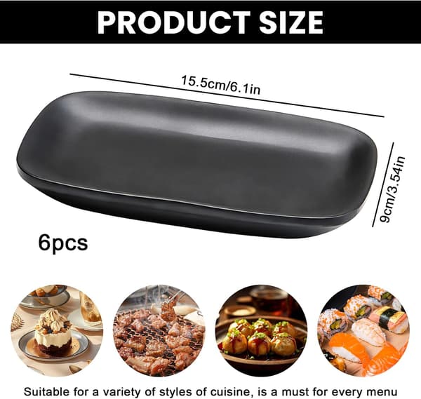 Set of 6 dessert plates: black mezzetallrikar 15.5 x 9 x 2 cm, matte rectangular appetizer plates