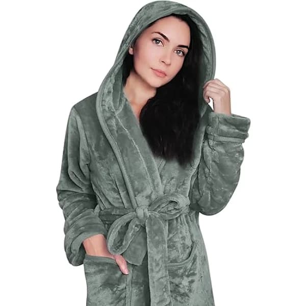 Fleece morgenkåbe til kvinder med hætte - plysset badekåbe, militærgrøn, M
