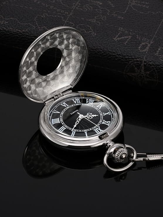 Vintage Pocket Watch with Roman Numerals, Quartz, Chain, Silver