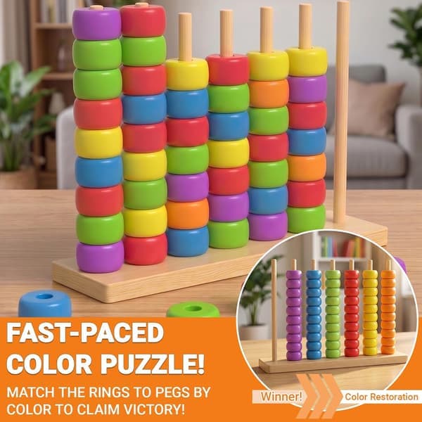Color Challenge Game Ring Stacking Puzzle with Cards 2 Player Family Party [Ho]
