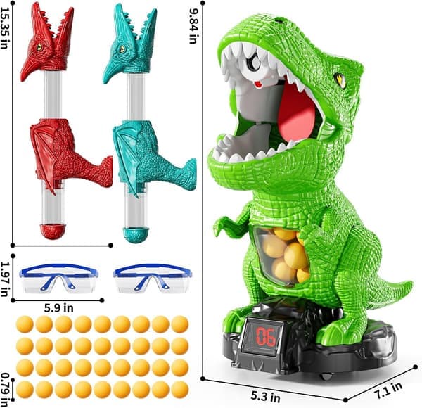 Dinosaur Skydespil til børn 3-5 år, Mobilt Skydespil med 2 Luftpumper, 36 Bolde, Resultattavle, Lys og Lyd, (Ho)