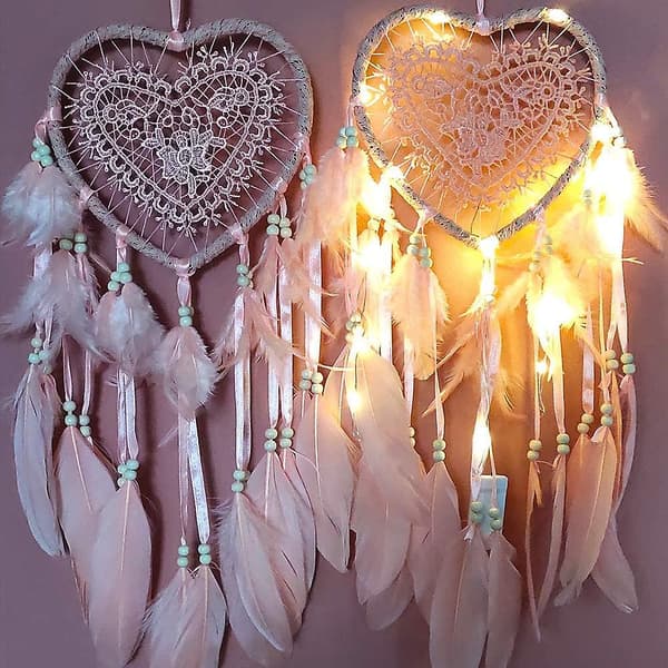 Drømmefanger (20*45cm lyserød, lys), Boho-stil LED-lampe håndlavet til bil soveværelsesdekoration, romantisk væghængende drømmefanger