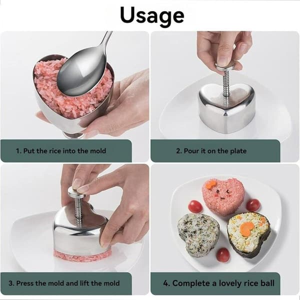 2 riskugleforme i rustfrit stål - Riskugle-sushiformer - DIY tang-sushiværktøjer - Trekantede og hjerteformede forme