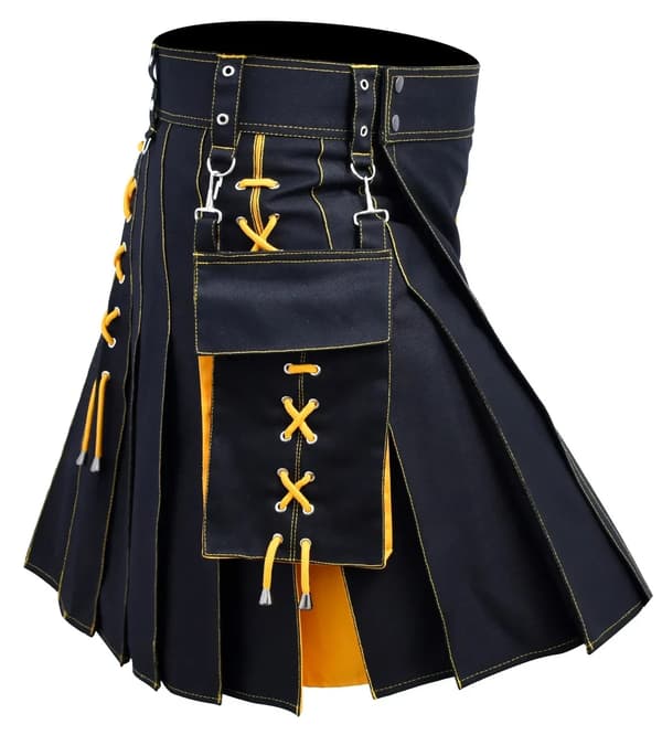 Herr Kilt Utility Skotsk Traditionell Highland Solid Plisserade Spänne Spänne Kostym Kilts med Lastfickor Gul