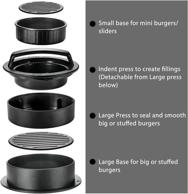 3-i-1 hamburgerpress, fylld hamburgerpress med 12 cm-200 non-stick BBQ hamburgerpapper