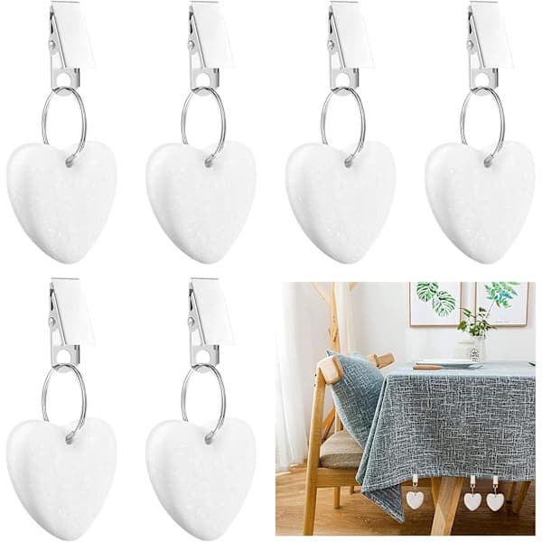 6 Pcs Heart-Shaped Tablecloth Weights with Metal Clips (White)