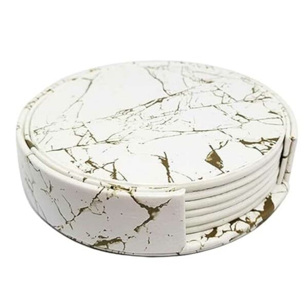 6-pakning glassbrikker PU-lær gull marmor hvit white