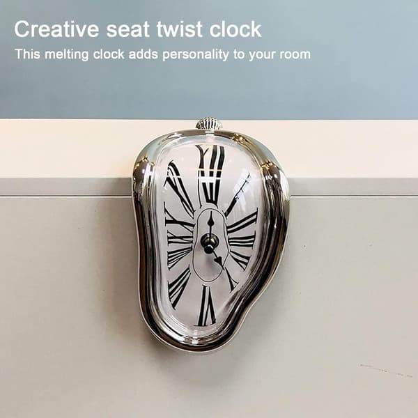 Novelty Melting Clock, Creative Modern Wall Clock, Retro Twisted Melting Time Clock for Home Kitchen Office Table Decoration (Silver)