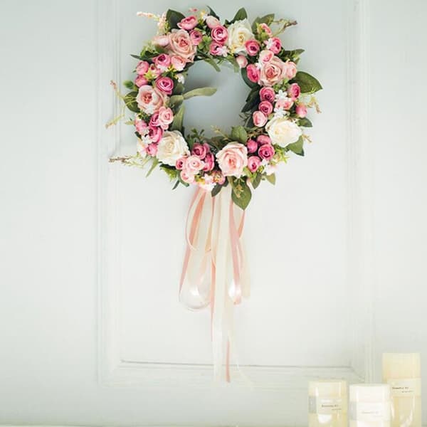 Kunstig roseblomstdørkrans veggdekorasjon vindusdekorasjon feriekrans bryllupsdekorasjon 32 cm rosa