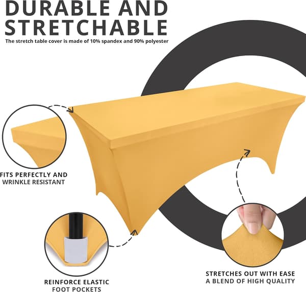 Kitchen Spandex Tablecloth 2-pack [6FT, Gold] Snug, Tight, Washable and Durable Stretch Rectangular Patio Tablecloth