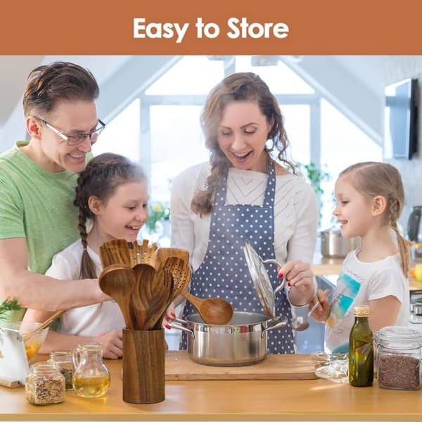 Teak Kitchen Utensils, 7 Spoons, Heat-Resistant Spoon Set, Suitable for Non-Stick Pans.