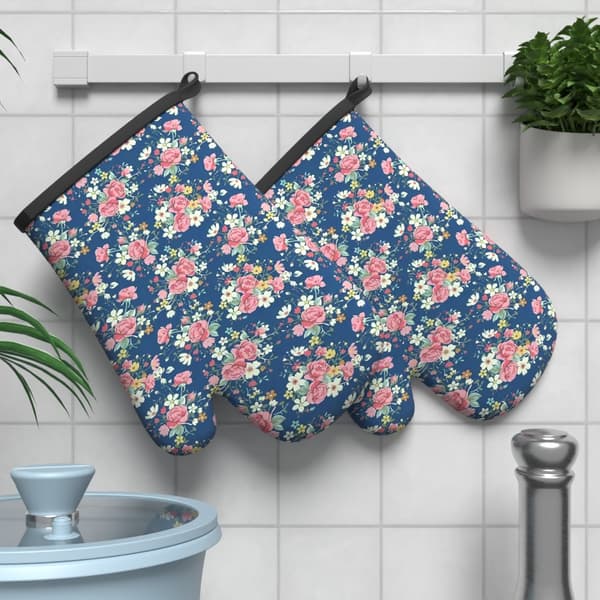 Heat-resistant oven mitts with hanging loop, 2-pack - Non-slip grip with floral pattern 2 pcs