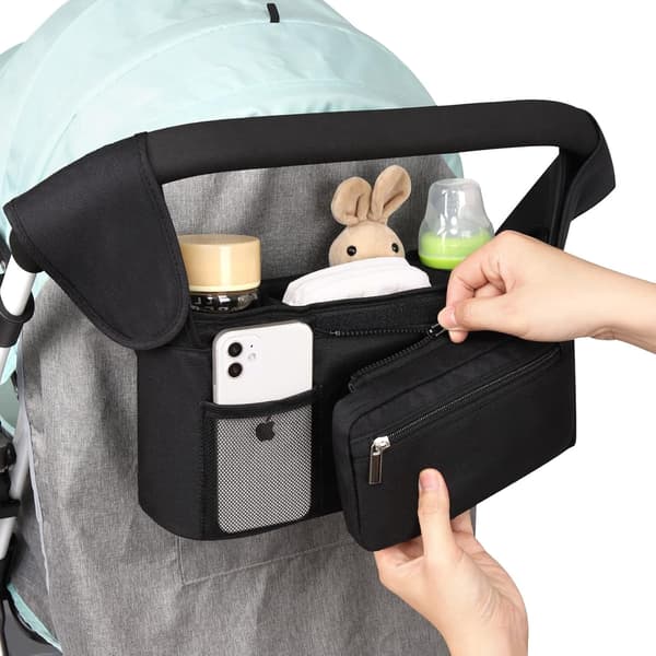 Universal Stroller Organizer with Insulated Cup Holders and Detachable Phone Pouch for Strollers Black