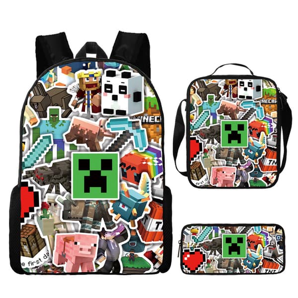 Minecraft School Bag Game Backpack Three-Piece Set for Primary and Secondary School Students pencil case pencil case