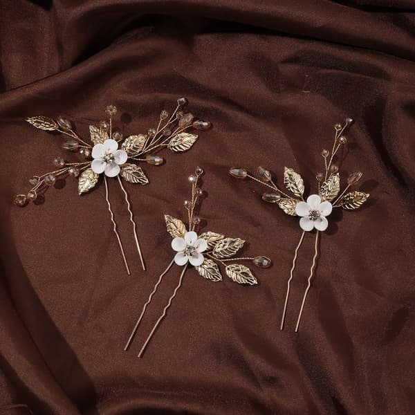 Sett med 3 bryllupstilbehør til hår - Bryllupshårblomst Gull Hårnåler for bruder for kvinner og jenter
