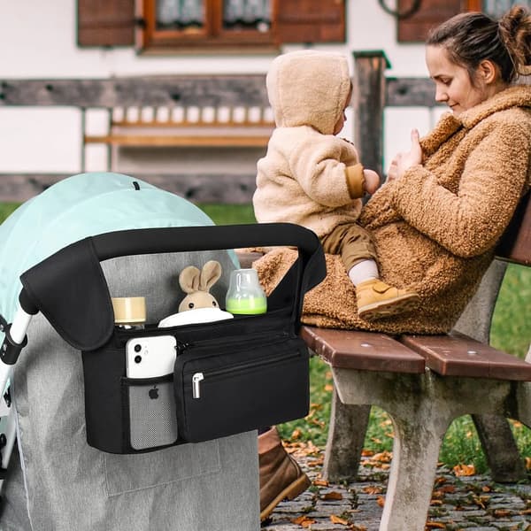 Universal Stroller Organizer with Insulated Cup Holders and Detachable Phone Pouch for Strollers Black