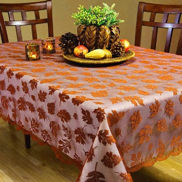 Maple Leaf Tablecloth, Brown Rectangle, Lace Tablecloth, Thanksgiving Decoration, Autumn Table Linen Pe