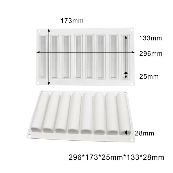 Avlang Eclair Sylinder 8 stk Silikonform Mousseform Pralinform Vit white