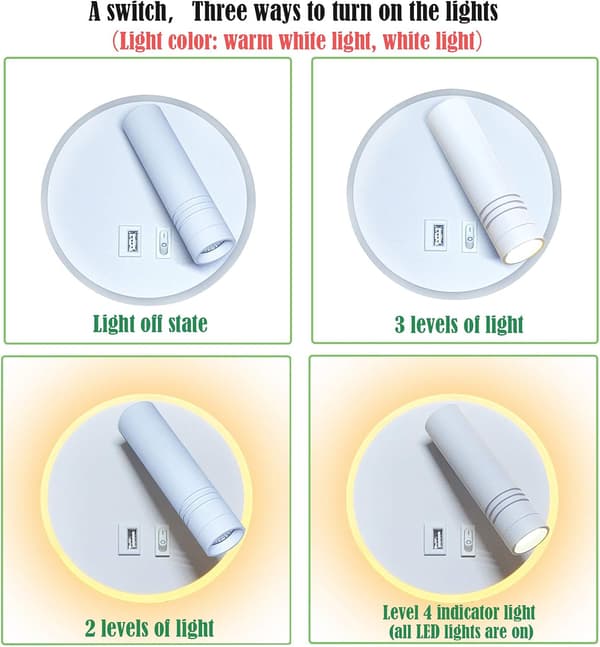 LED-vegglampe, 9W, nattbordslampe med USB-lading