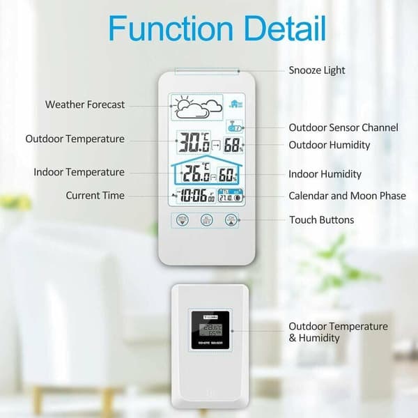 Trådlös väderstation, inomhus trådlös digital inomhus termometer hygrometer barometer väderstation klocka med utomhussensor (vit)