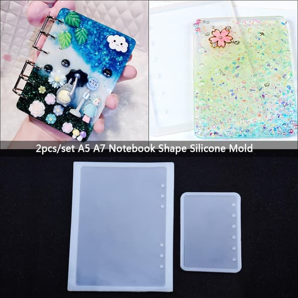2-pak A5 A7 Notesbogsformede Dekorative Silikoneforme til Epoxyharpiks til DIY Krystal Notesbogscover