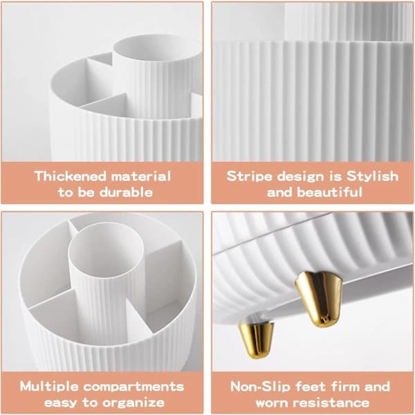 360 Rotating Pen Holder Desk Organizer with 5 Compartments ABS Storage Box for Home Office Makeup Accessories White
