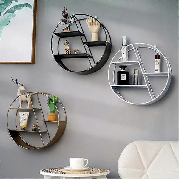 Wall Shelf Round Shelf With 3 Metal Mesh Panels For Living Room
